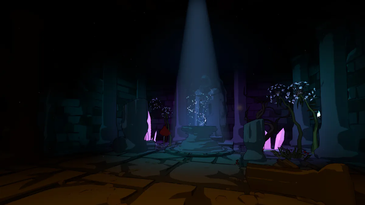 A game scene of a hooded statue lit by a beam of light in a dark ruined hall with glowing crystals